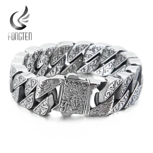 Fongten Vintage Bracelet For Men Carving Cuban Chain Stainless Steel Men's Bracelets Bangle Viking Gold Silver Color Jewelry