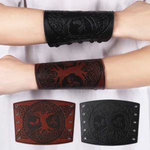 Fashion Punk Wide Leather Bracelet Men Arm Armor Cuff Wrist Guard Viking Tree of Life Pattern Wide Bracer for Fancy Dress Show