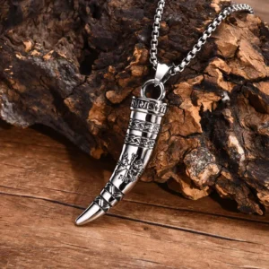 Cool Punk Viking Horn Necklaces for Men, Waterproof Stainless Steel Norse Celtic Knots Compass Pendant Collar, Amulet Gifts