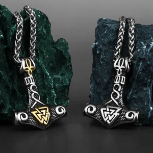 Viking Thor Mjolnir and Valknut Runes Men's Amulet 316L Stainless Steel Pendant Necklace Scandinavian Viking Necklace Gift