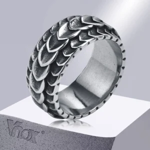 Vnox Rock Punk Viking Dragon Carved Surface Rings for Men Jewelry,Vintage Silver Color Stainless Steel Male Finger Bands