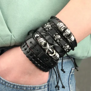 Fashion Multi-layer Viking Bracelet for Men Hand Bracelets Woven Skull Hand Jewelry Adjustable Leather Set Wholesale Gifts